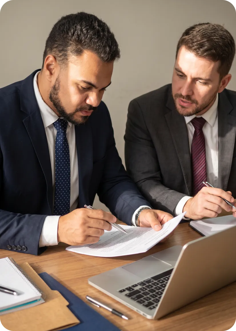 Advogados do escritório analisando documentos de um caso